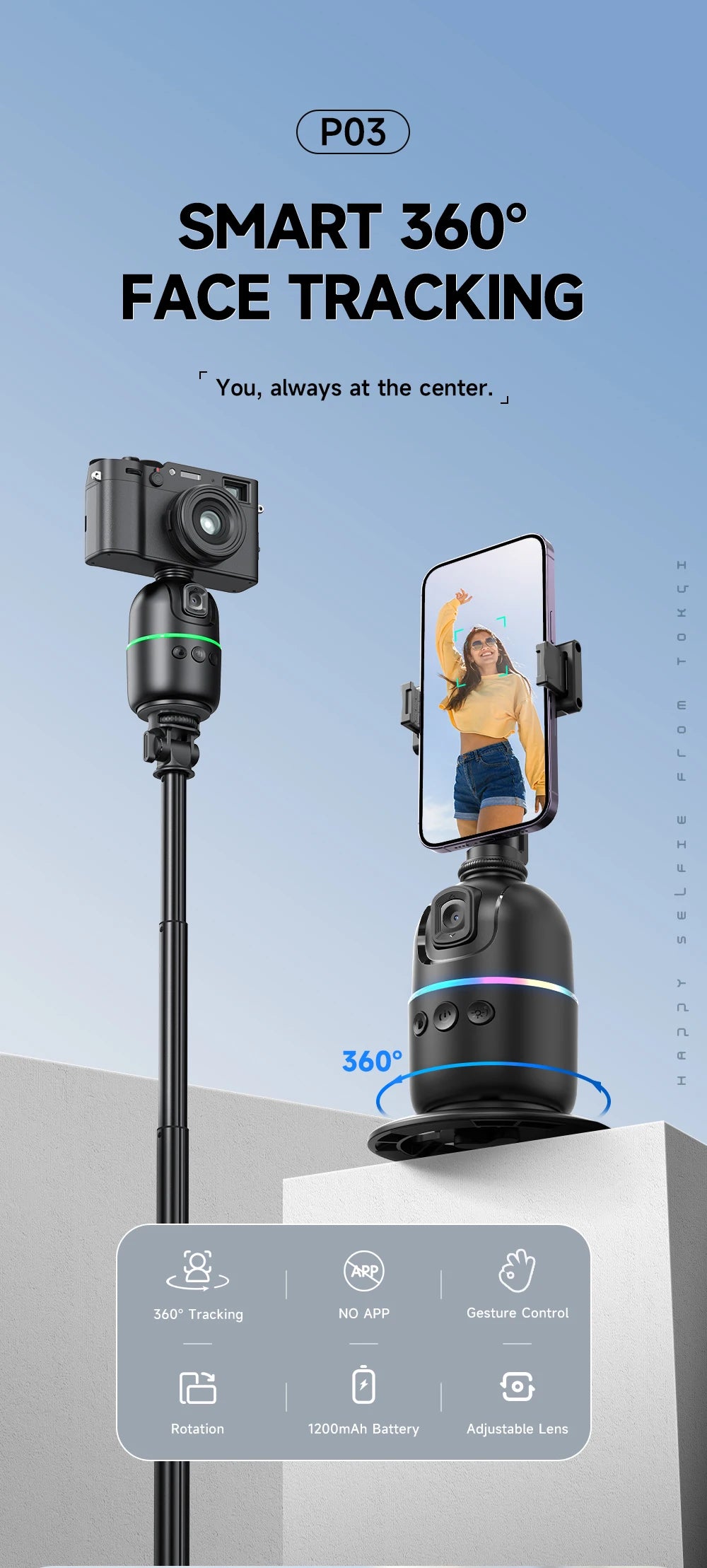 Smart Tracking Tripod for Camera Smartphone,Colorful Light 360 Rotation Follow Focus,Gimbal For Tiktok live photography